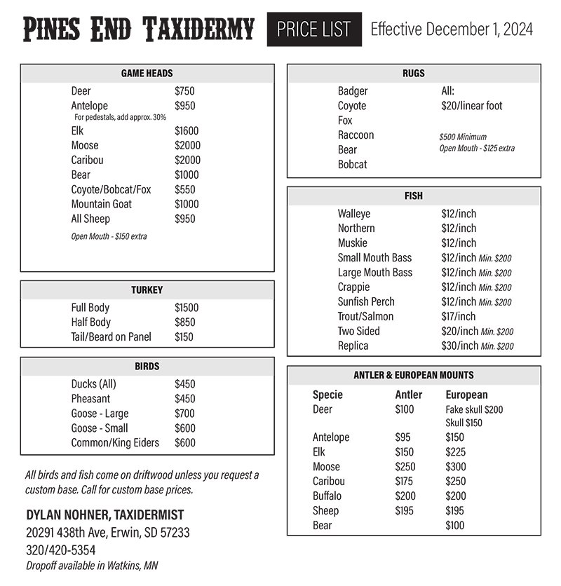 Pines End Price Sheet
